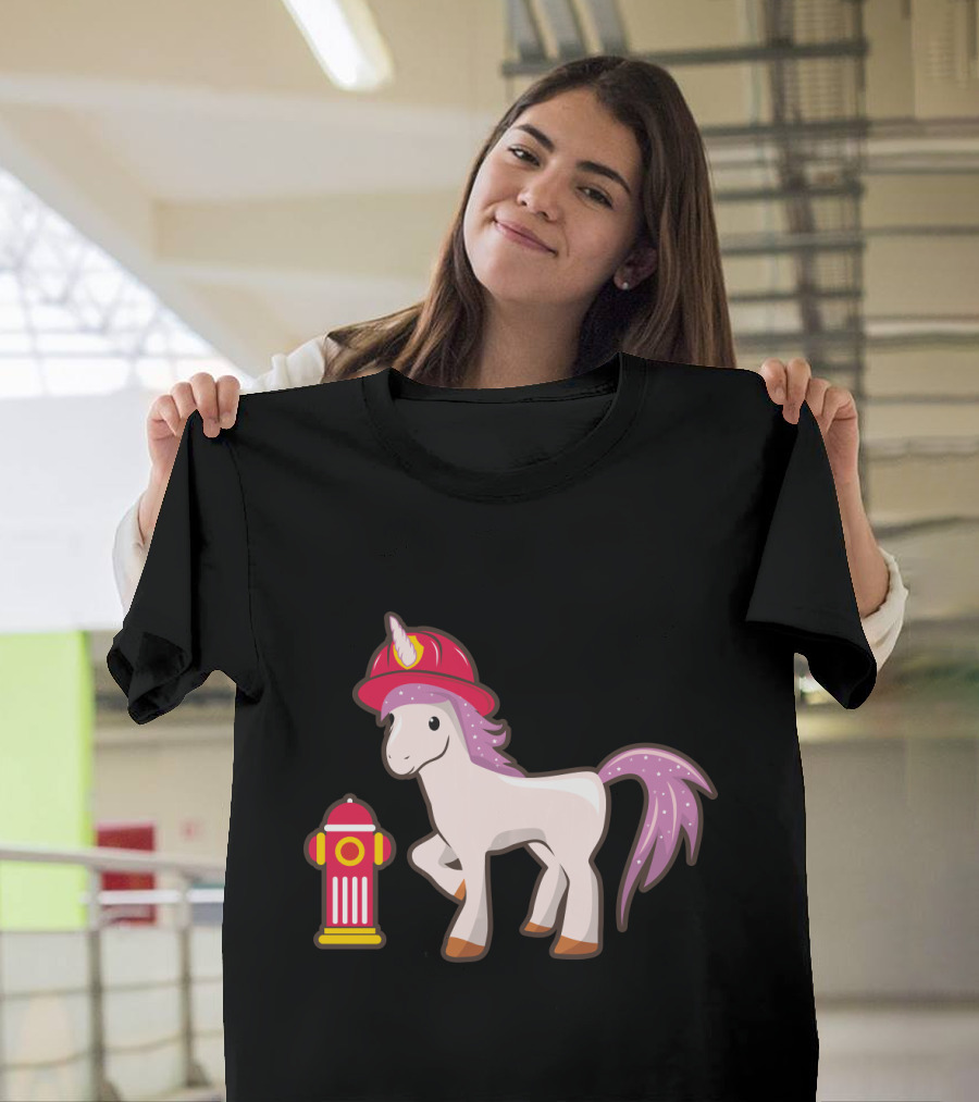 Unicorn Wearing Firefighter Helmet Next to Fire Hydrant T-Shirt