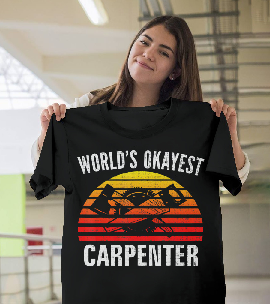 World's Okayest Carpenter Vintage Sunset Saw and Axe T-Shirt