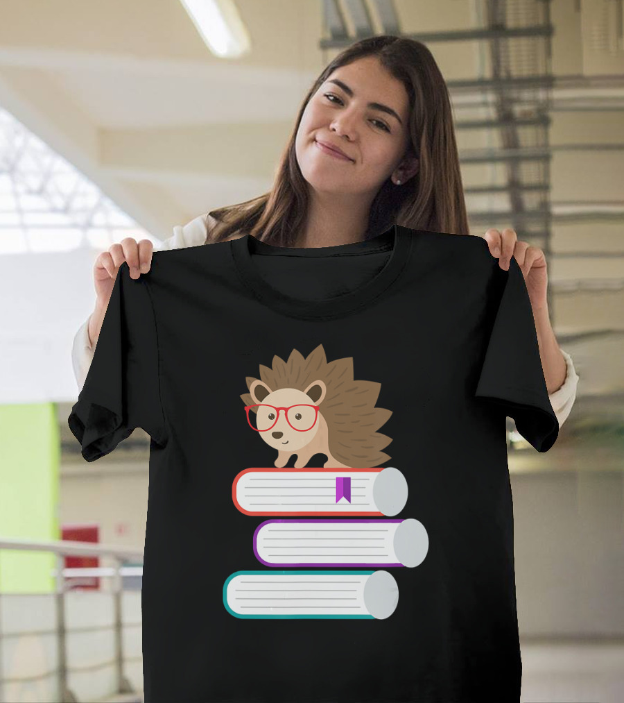 Adorable Funny Hedgehog with Glasses on Stack of Books for Book Nerds T-Shirt