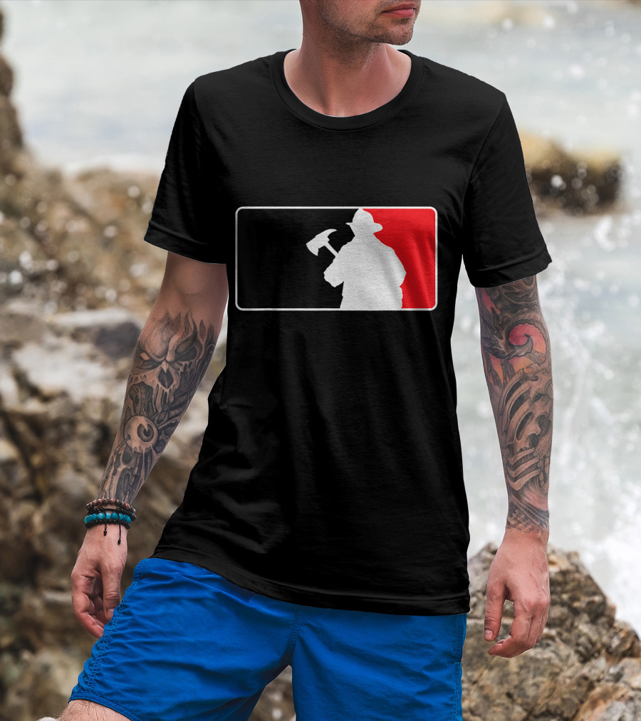 Amdesco Firefighter Holding Axe Silhouette Red Black Graphics T-Shirt
