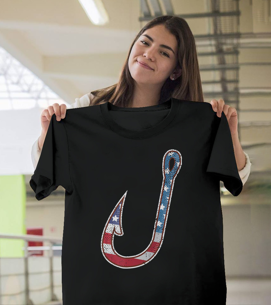 American Flag Fish Hook 4th of July Patriotic T-Shirt