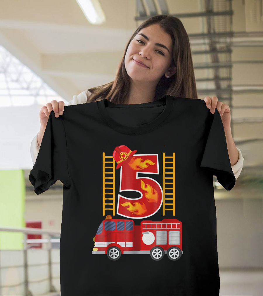 Birthday Number 5 Firefighter Fire Truck Flames T-Shirt