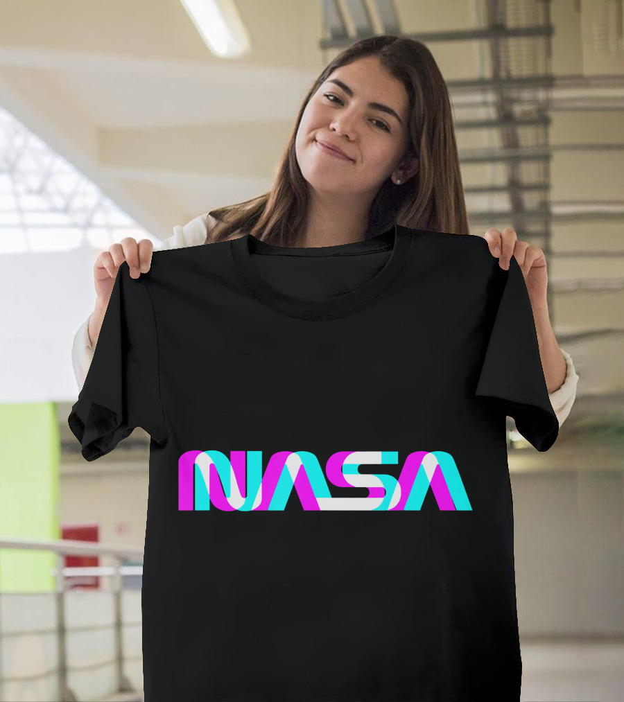 NASA Worm Logo in Pink and Blue Overlay T-Shirt