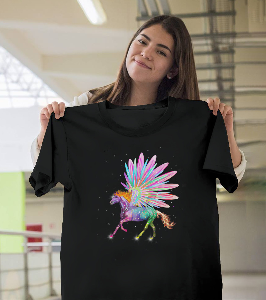 Vibrant Sparkling Rainbow Pegasus Horse with Multicolored Wings T-Shirt
