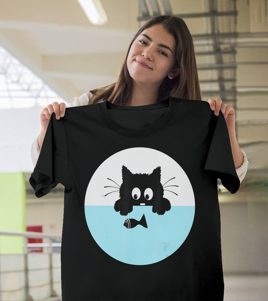 Cute Cat Watching Fish Playfully Floating Birthday T-Shirt
