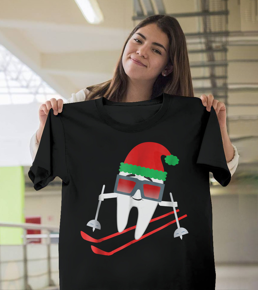 Dental Tooth Skiing Santa Hat Fun T-Shirt