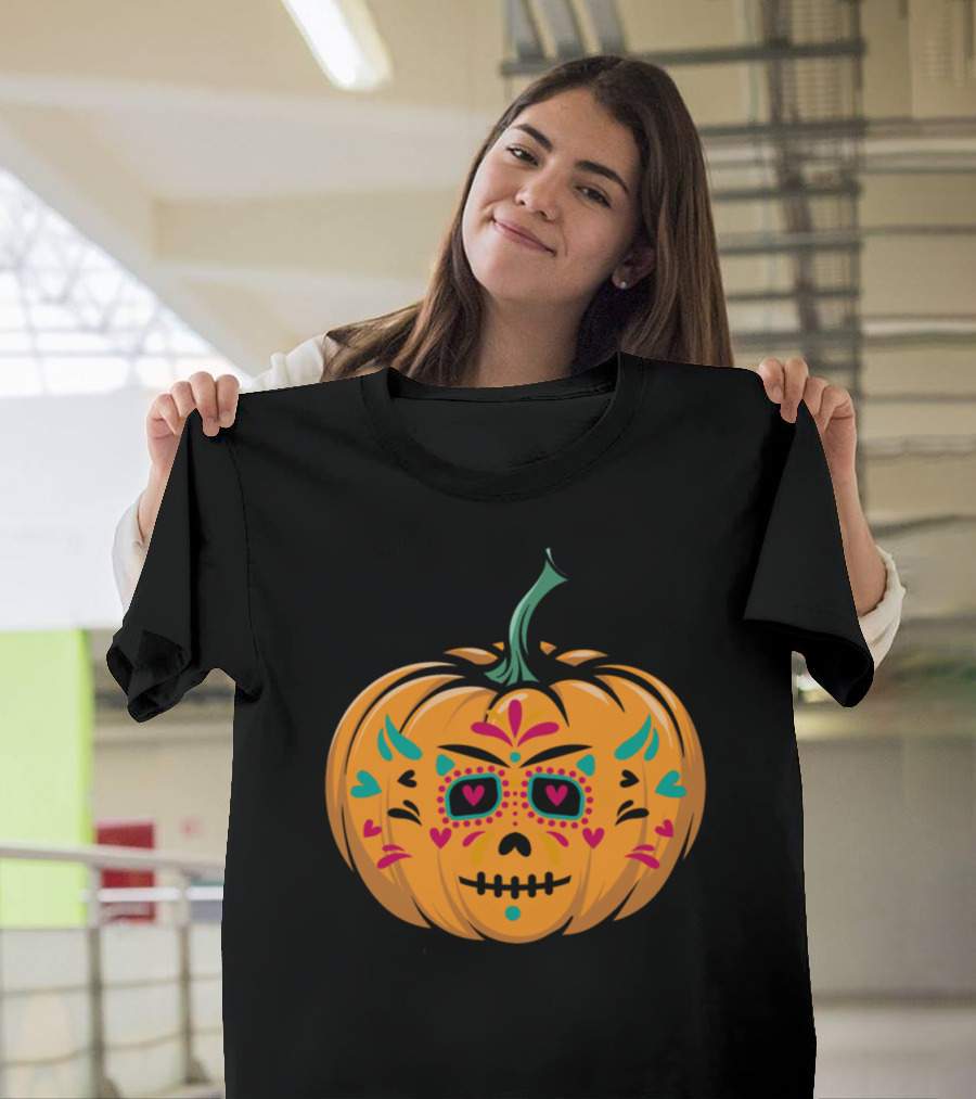 Day of the Dead Pumpkin Halloween Skull T-Shirt