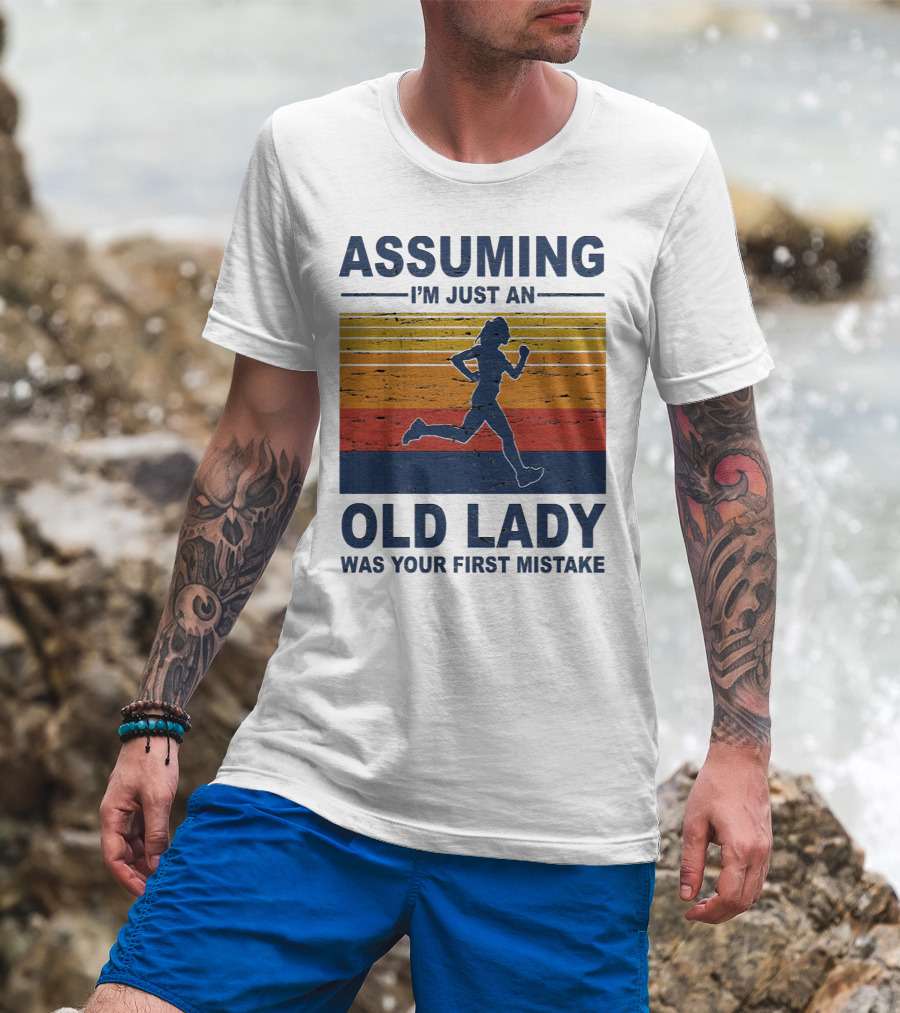 Assuming I'm Just An Old Lady Running Silhouette Retro Stripes T-Shirt