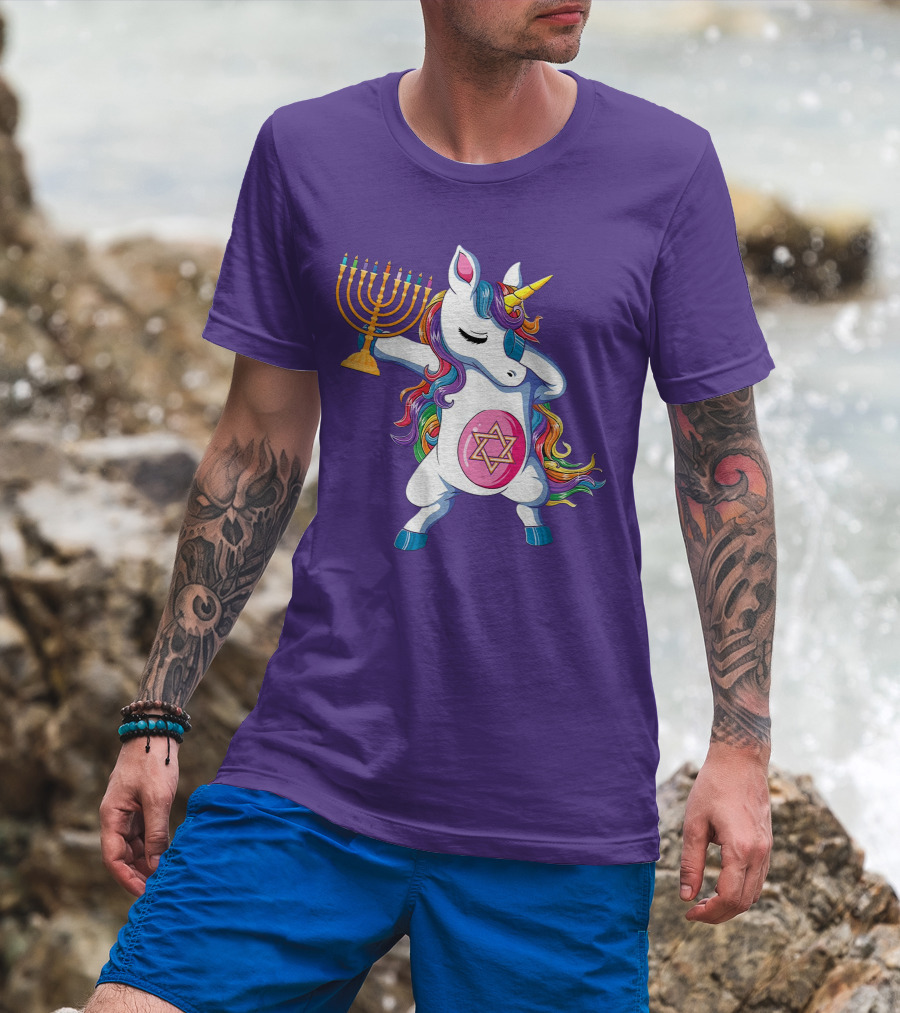 Jewnicorn Hanukkah Unicorn Dabbing With Menorah And Star Of David T-Shirt