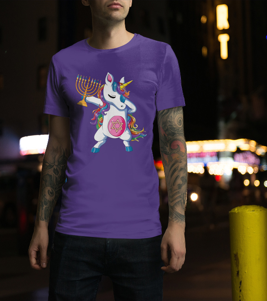Jewnicorn Hanukkah Unicorn Dabbing With Menorah And Star Of David T-Shirt