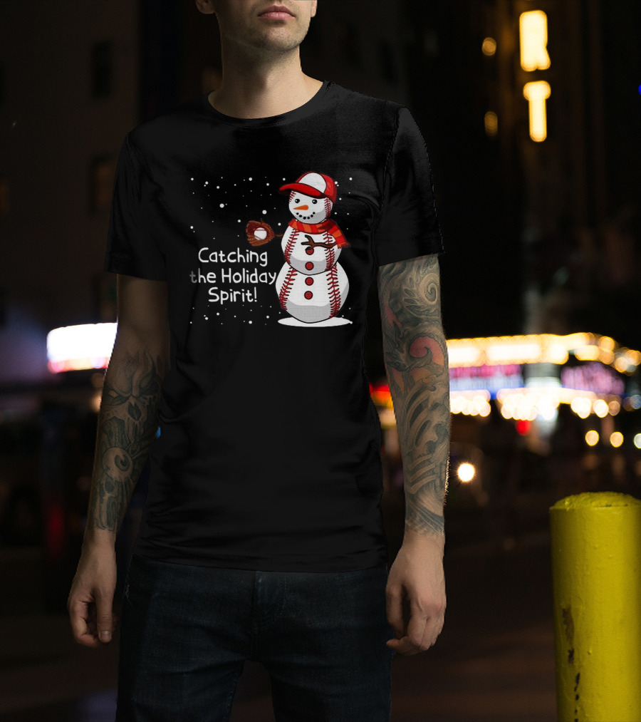 Catching The Holiday Spirit Baseball Snowman With Red Cap And Mitt T-Shirt