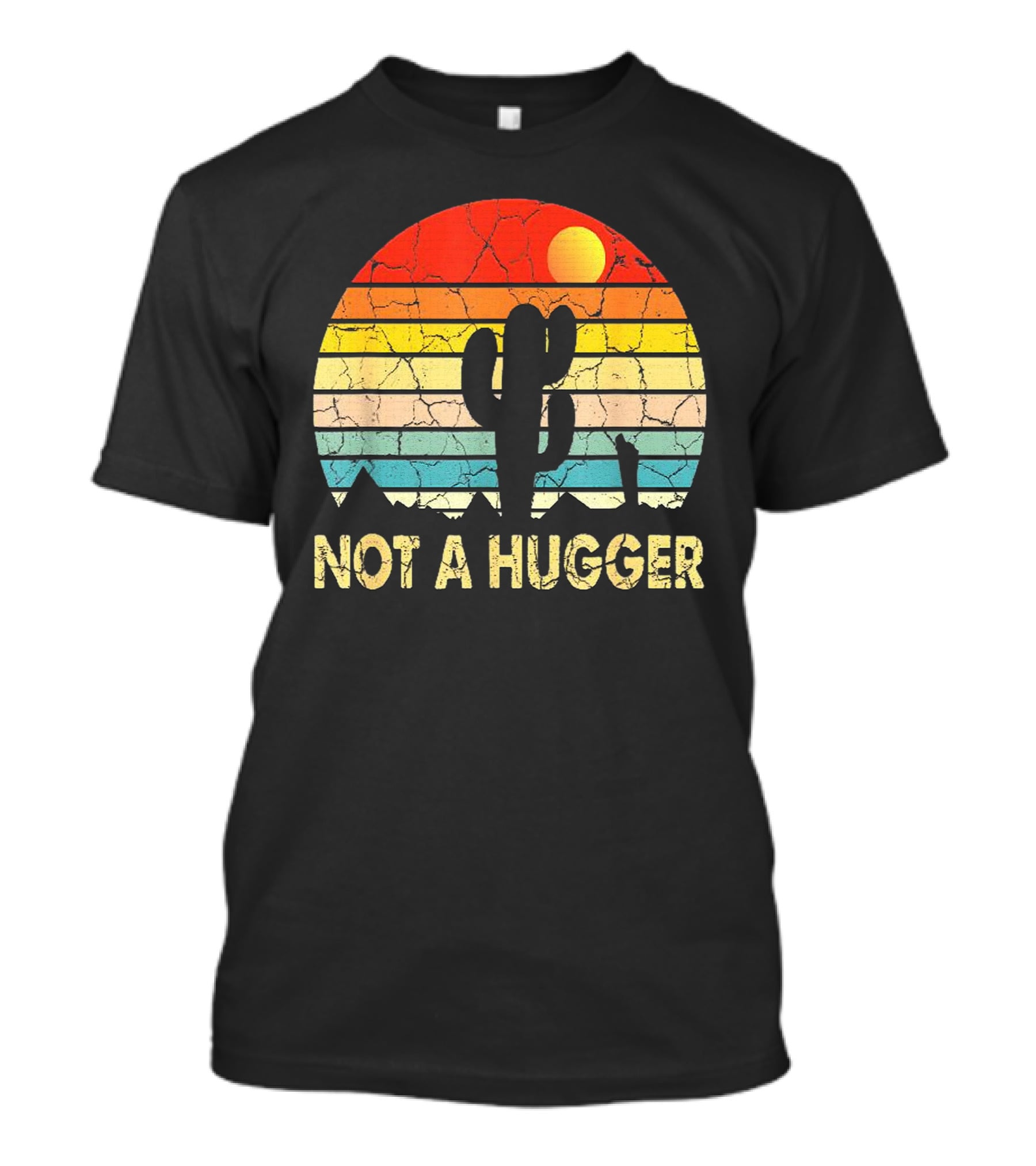 Not A Hugger Funny Cactus Sarcastic Retro Sunset Desert Scene T-Shirt