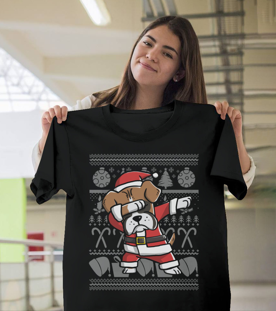 Boxer Dog Santa Dabbing Christmas Dance Move with Candy Canes and Ornaments T-Shirt
