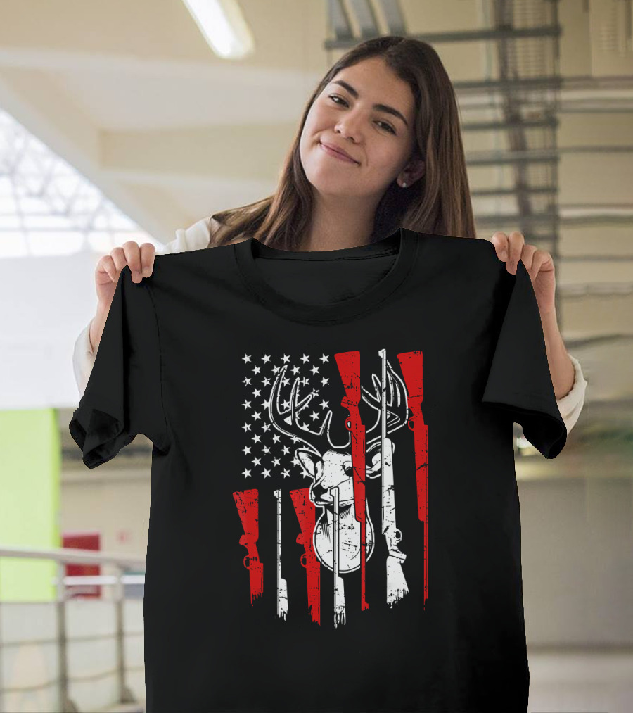 American Flag Deer Hunting Rifles 4th of July Awe T-Shirt