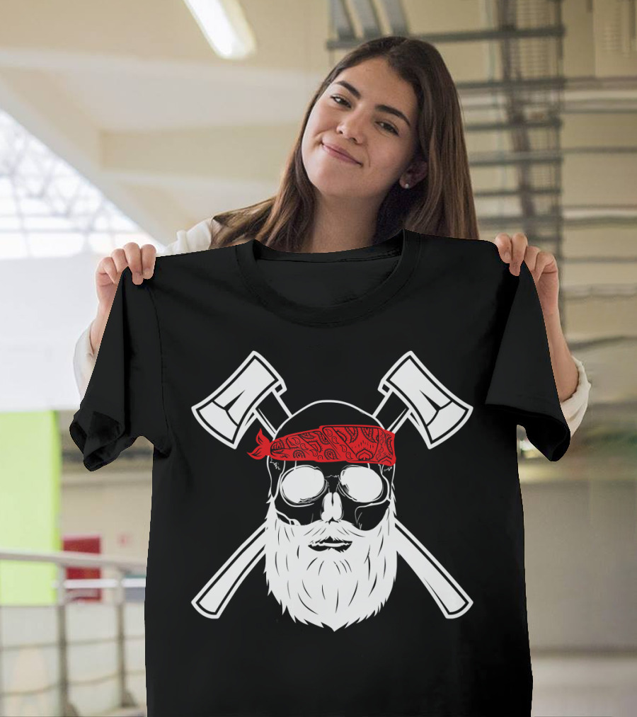 Bearded Skull Lumberjack Red Bandana Crossed Hatchets T-Shirt