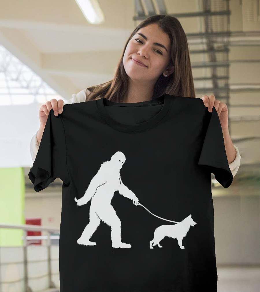 Bigfoot Sasquatch Walking German Shepherd Dog Silhouette Image T-Shirt