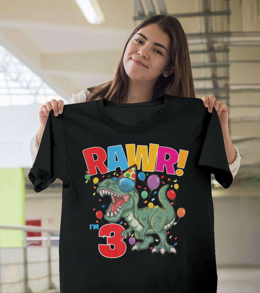 RAWR Dinosaur Birthday I'm 3 Three Year Celebration Balloons Party Hat T-Shirt