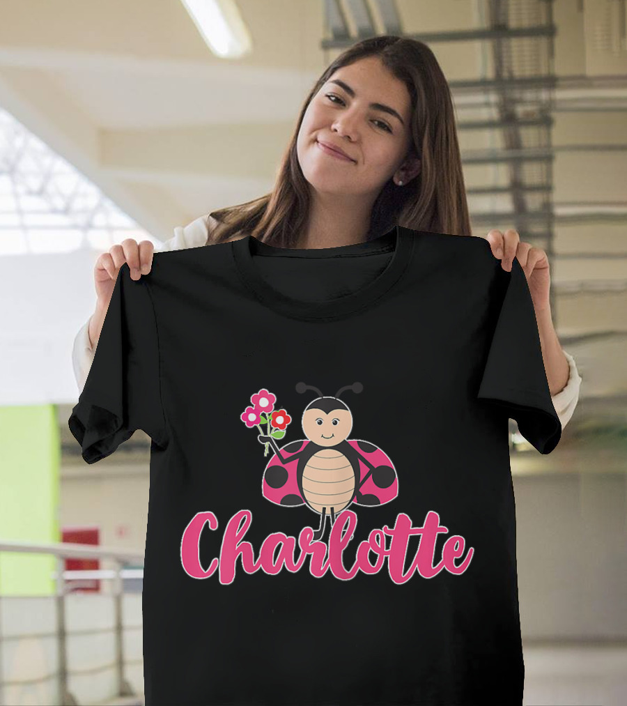 Charlotte Cute Ladybug Holding Flowers T-Shirt