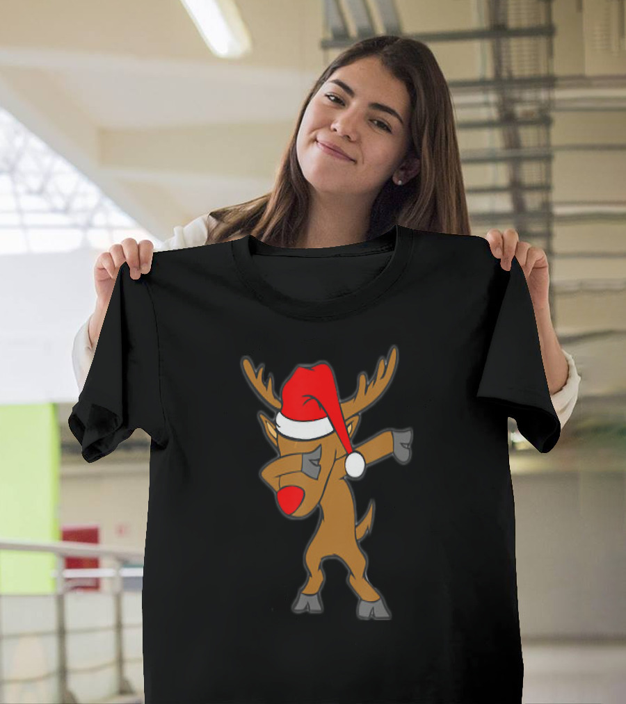 Christmas Dabbing Deer Dab Dance Funny Santa Hat T-Shirt
