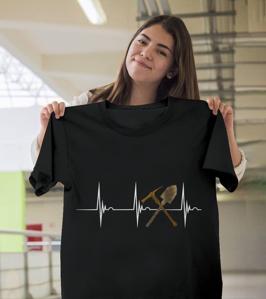 Coal Miner Heartbeat EKG Goldmining Pul with Pickaxe and Shovel T-Shirt