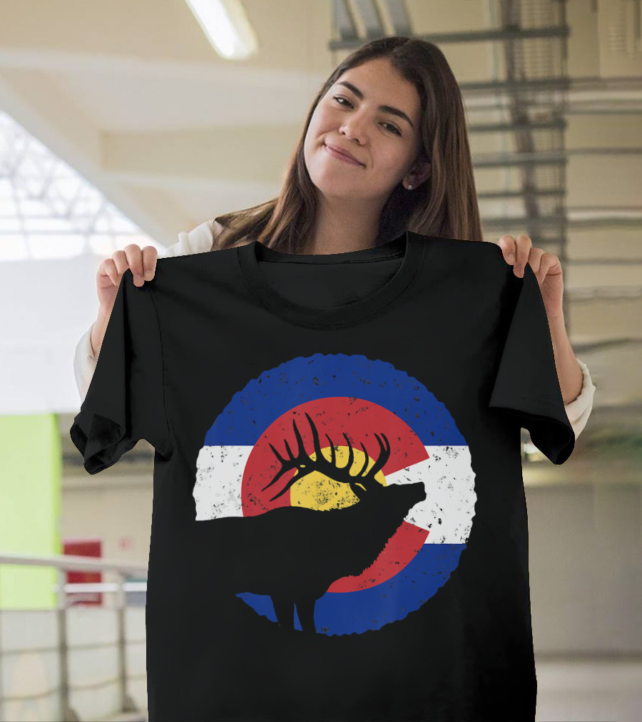 Colorado Elk Silhouette Over State Flag Circle T-Shirt