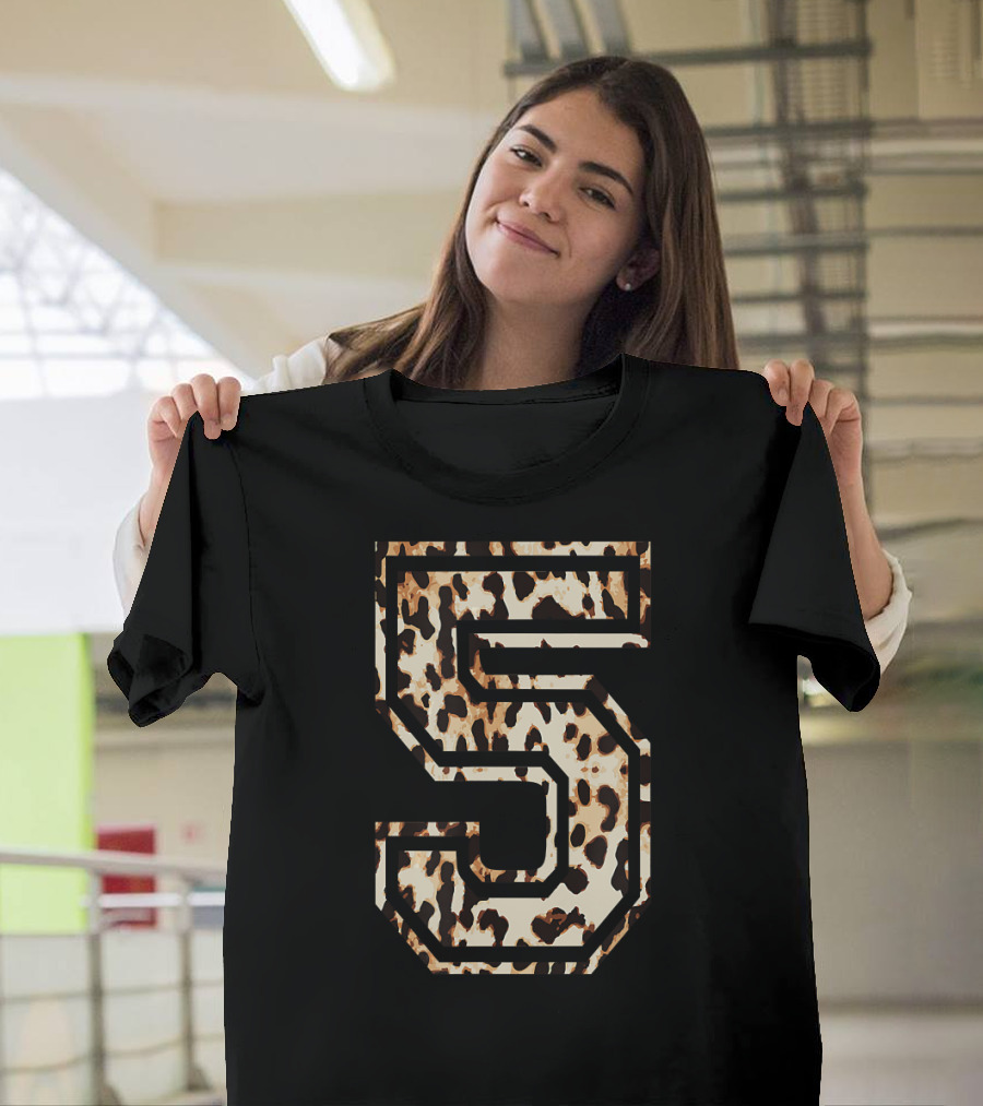 Cool Number 5 Leopard Cheetah Pattern Football Game T-Shirt