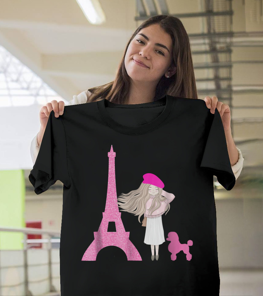 Cute French Eiffel Tower Poodle Paris Girl Pink Beret T-Shirt