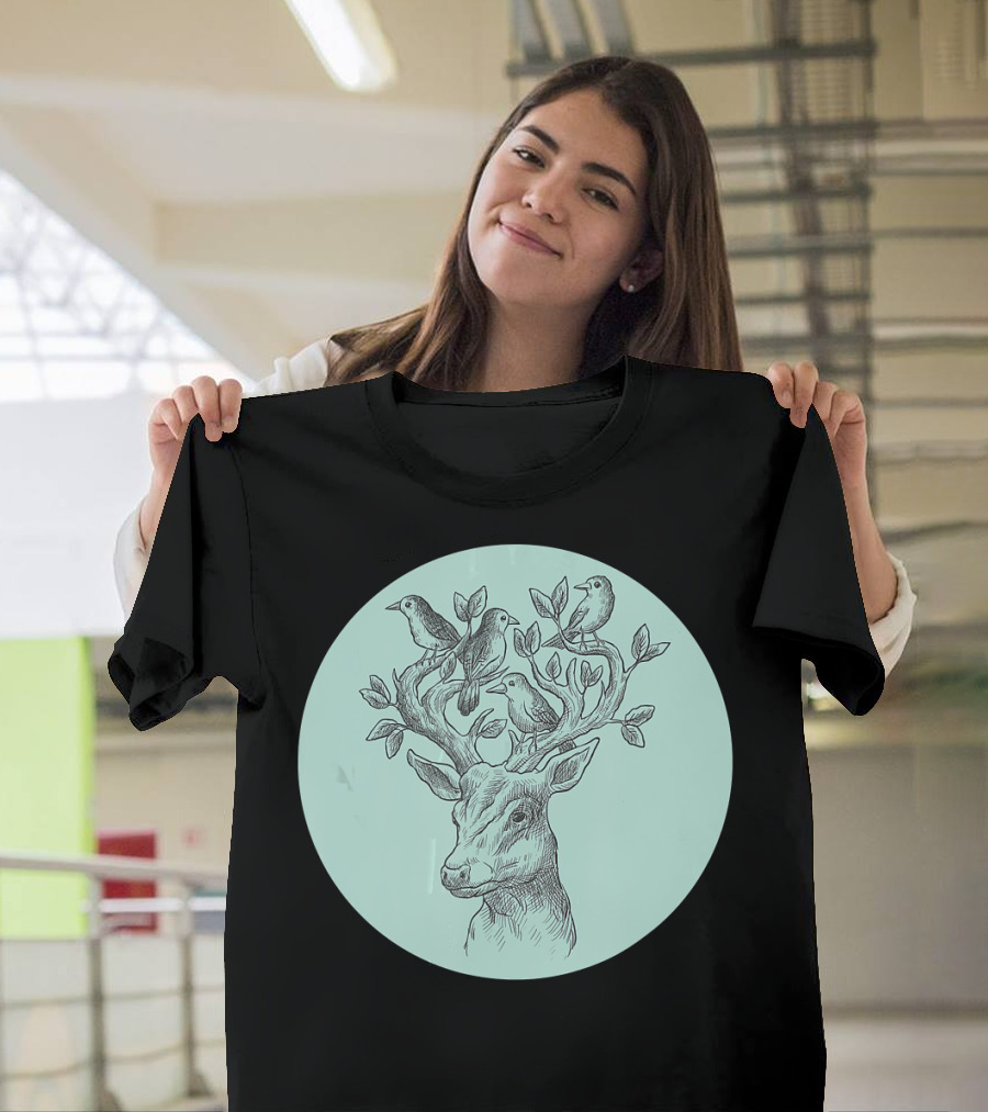 Cute Hand Drawn Deer with Antlers and Birds in Circular Frame T-Shirt