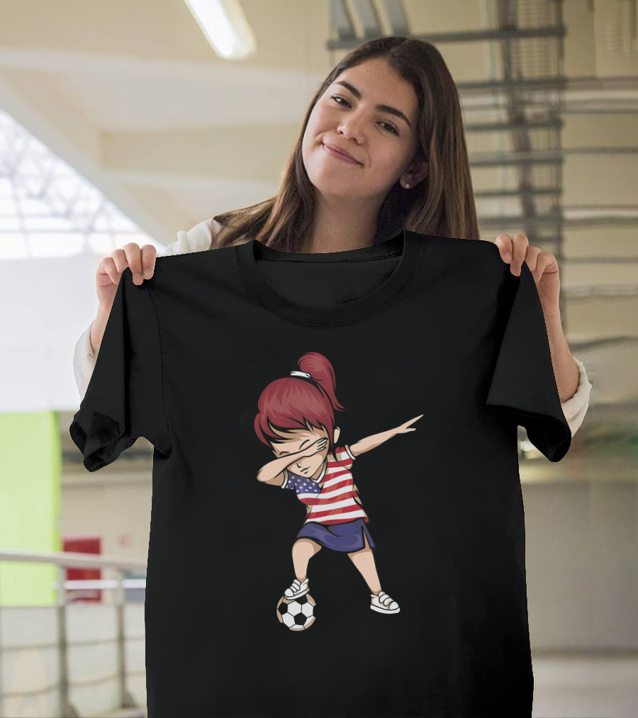 Dabbing Soccer Girl in American Flag Jersey with Soccer Ball T-Shirt