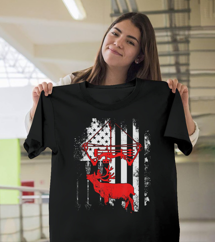 American Flag Deer Hunting Bow Patriotic USA T-Shirt