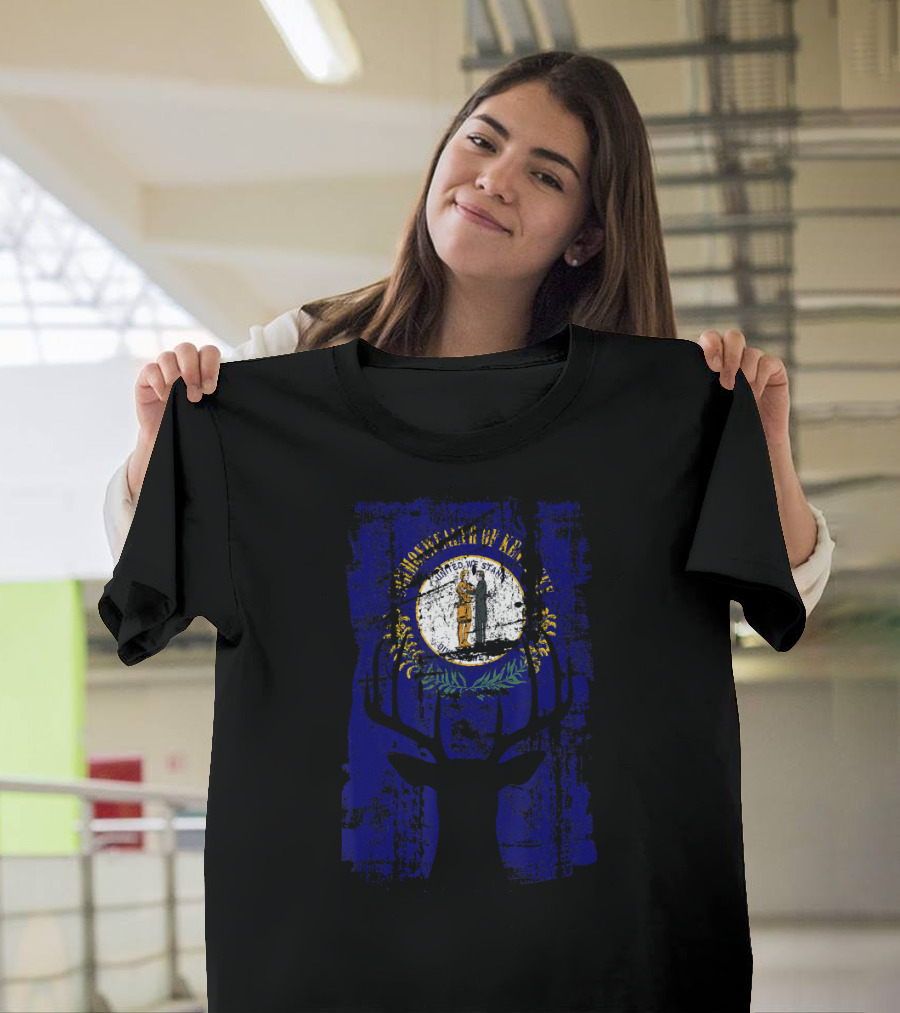 Deer Silhouette Overlay on Kentucky State Flag T-Shirt