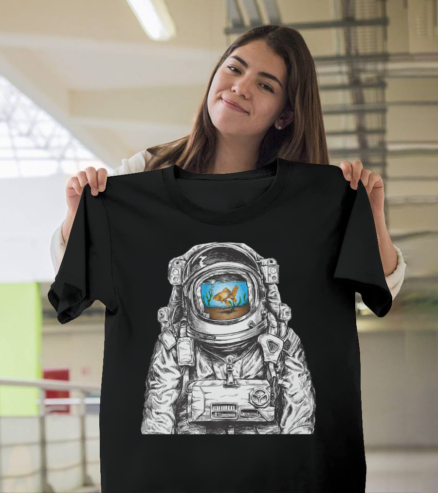 Spacesuit Astronaut with Fish Tank Helmet and Goldfish T-Shirt