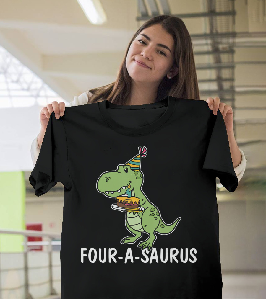 Fabulous Four-A-Saurus Birthday Rex with Cake and Party Hat T-Shirt