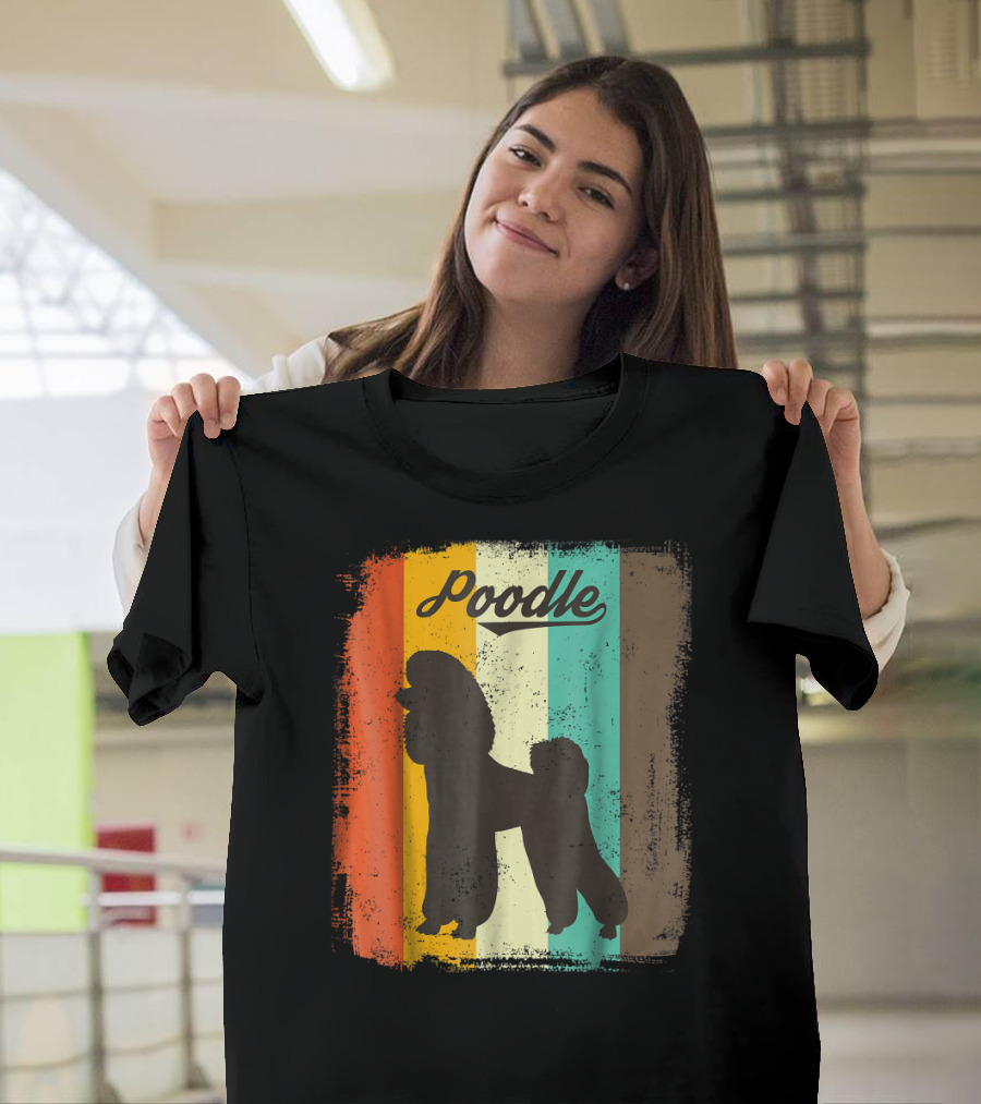 Poodle Retro Silhouette on Colorful Stripes T-Shirt