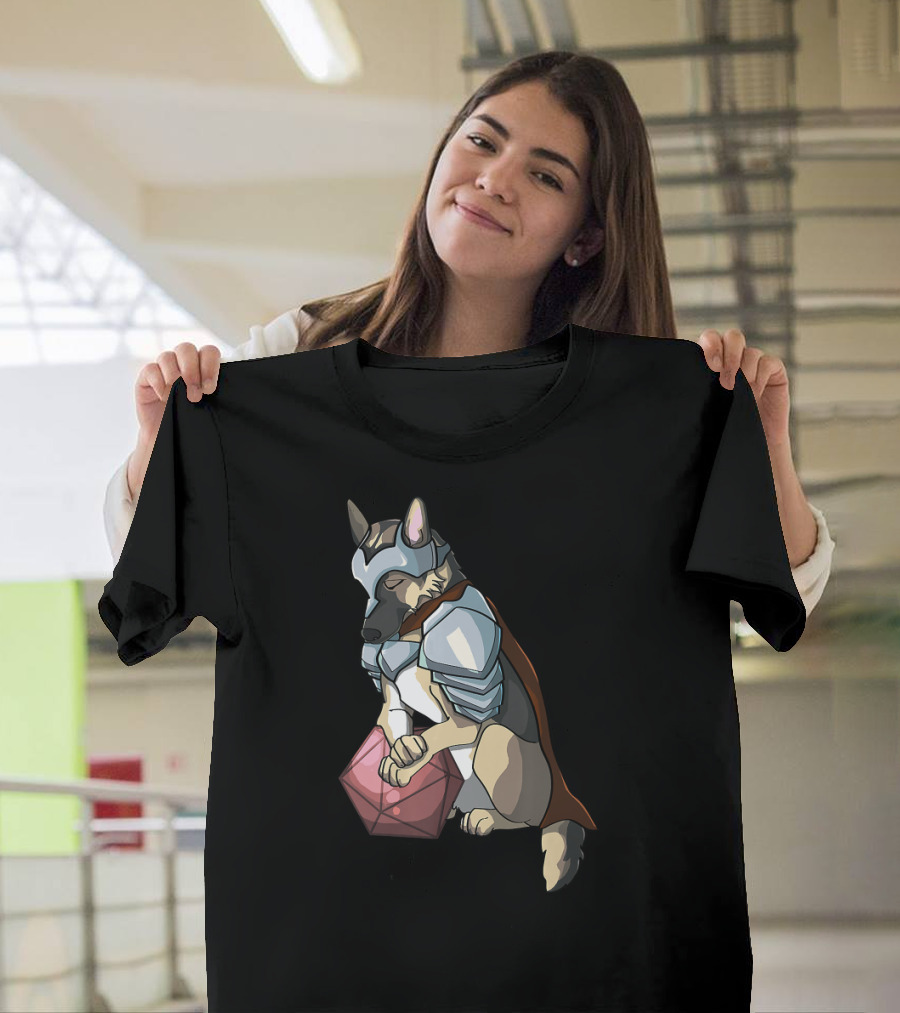 German Shepherd Dog Knight Holding D20 Dice for Board Game Tablet T-Shirt