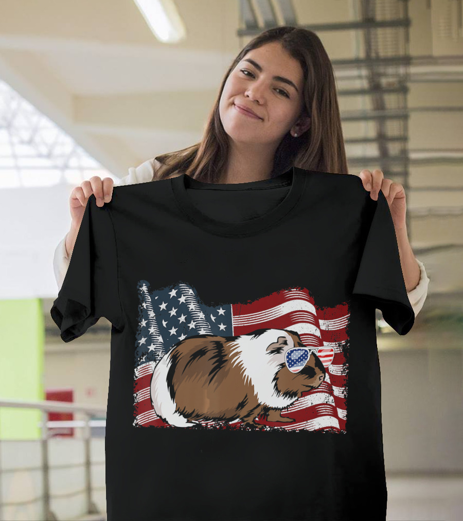 Guinea Pig With American Flag Sunglasses 4th Of July T-Shirt