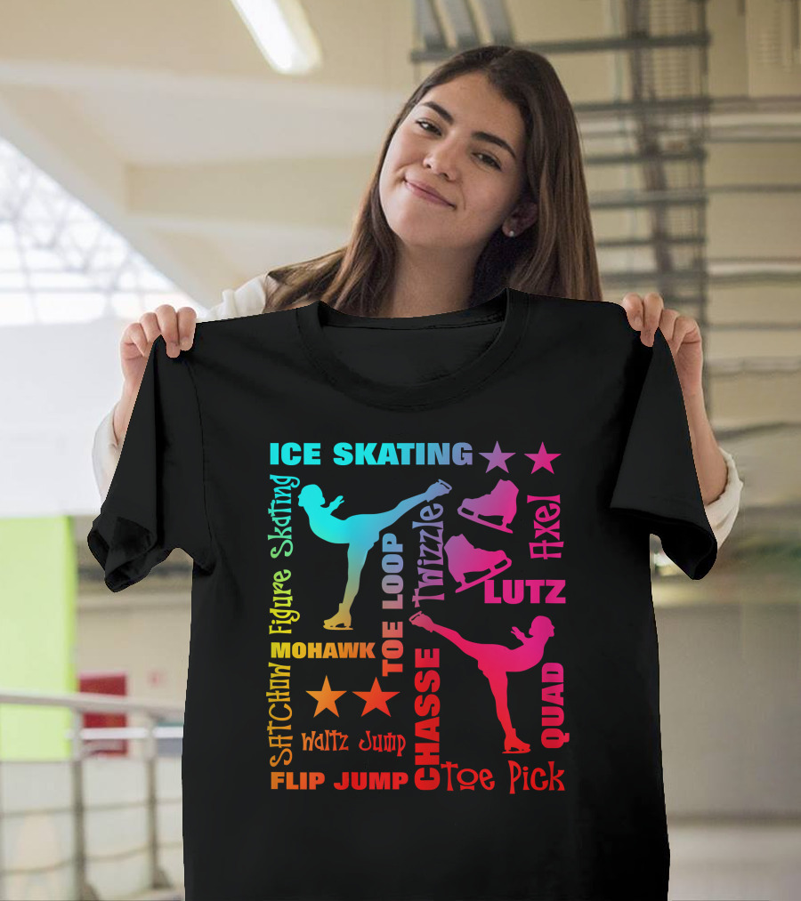 Ice Skating Figure Rainbow Typography Toe Loop Axel Lutz Quad Chasse Toe Pick Mohawk Flip Jump T-Shirt