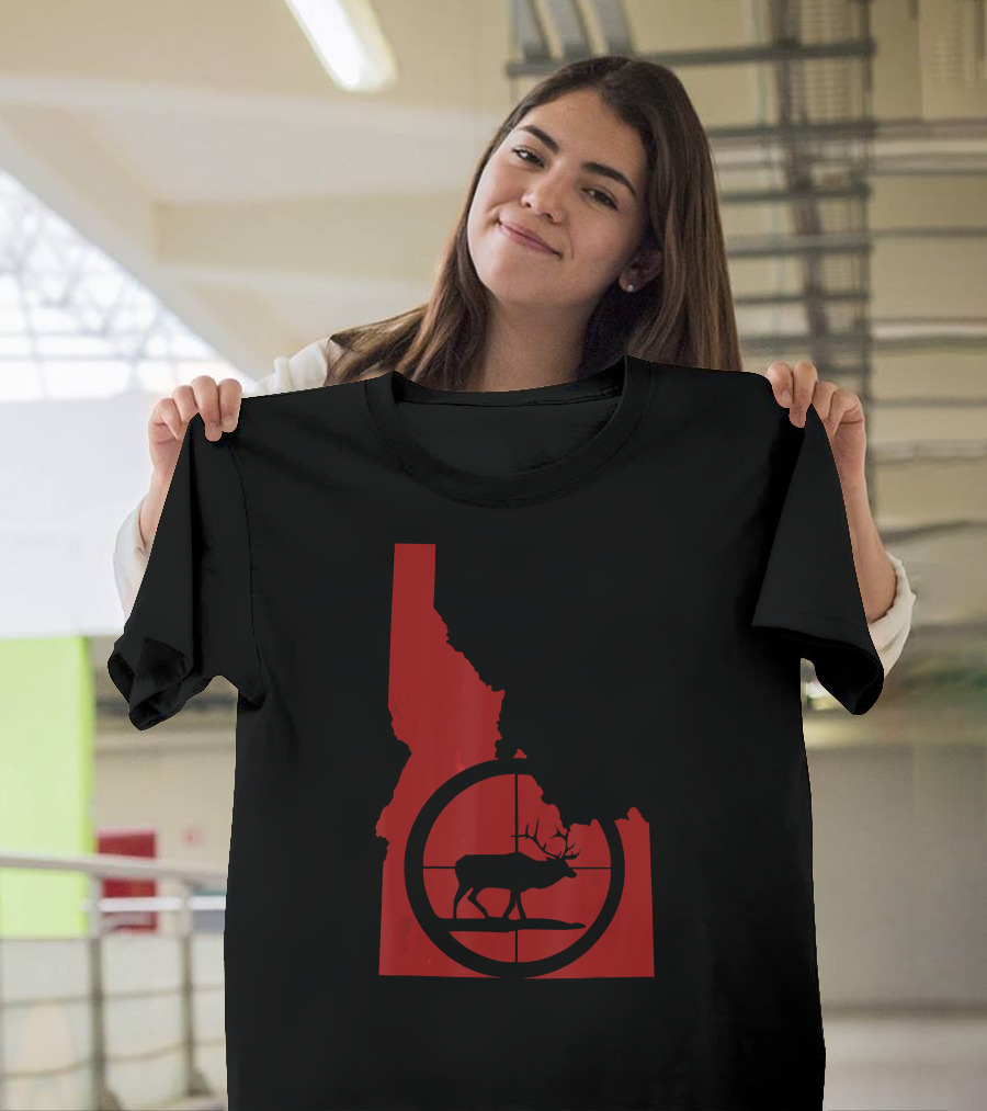 Idaho Elk Hunting Silhouette in Red State Outline T-Shirt