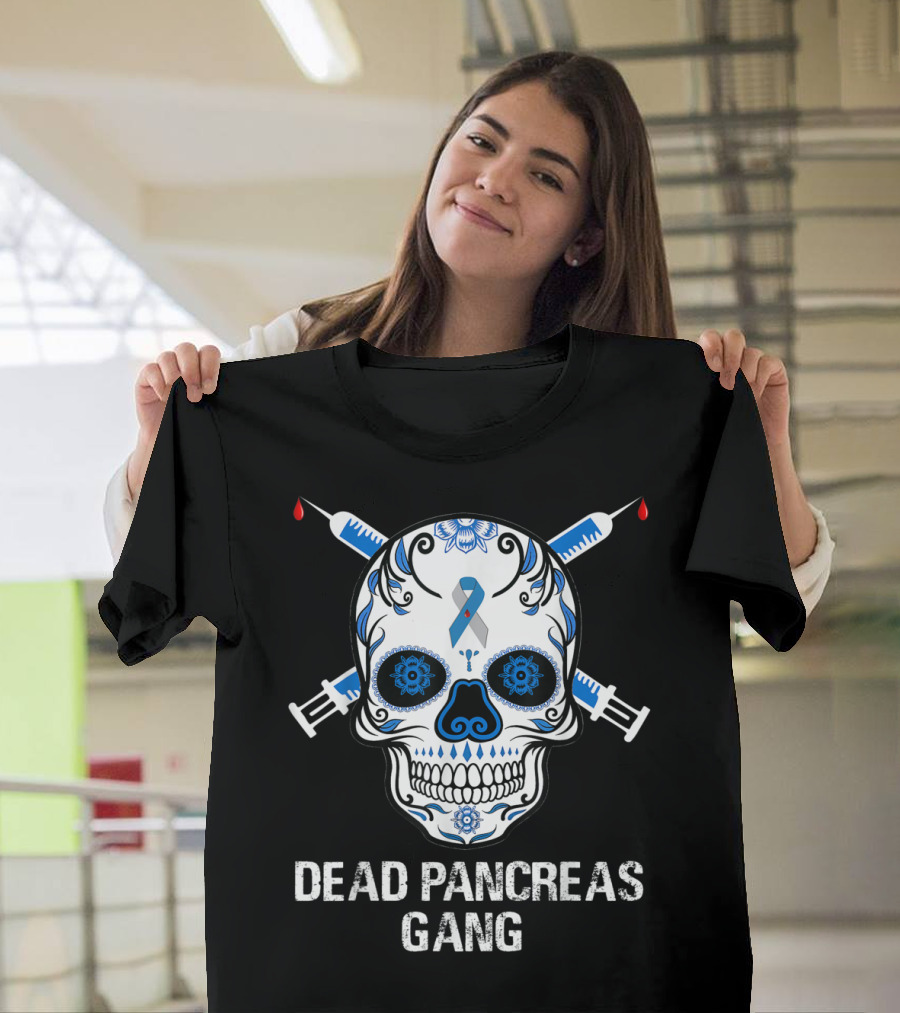 Dead Pancreas Gang Skull Diabetes Awareness Blue Ribbon Syringes T-Shirt