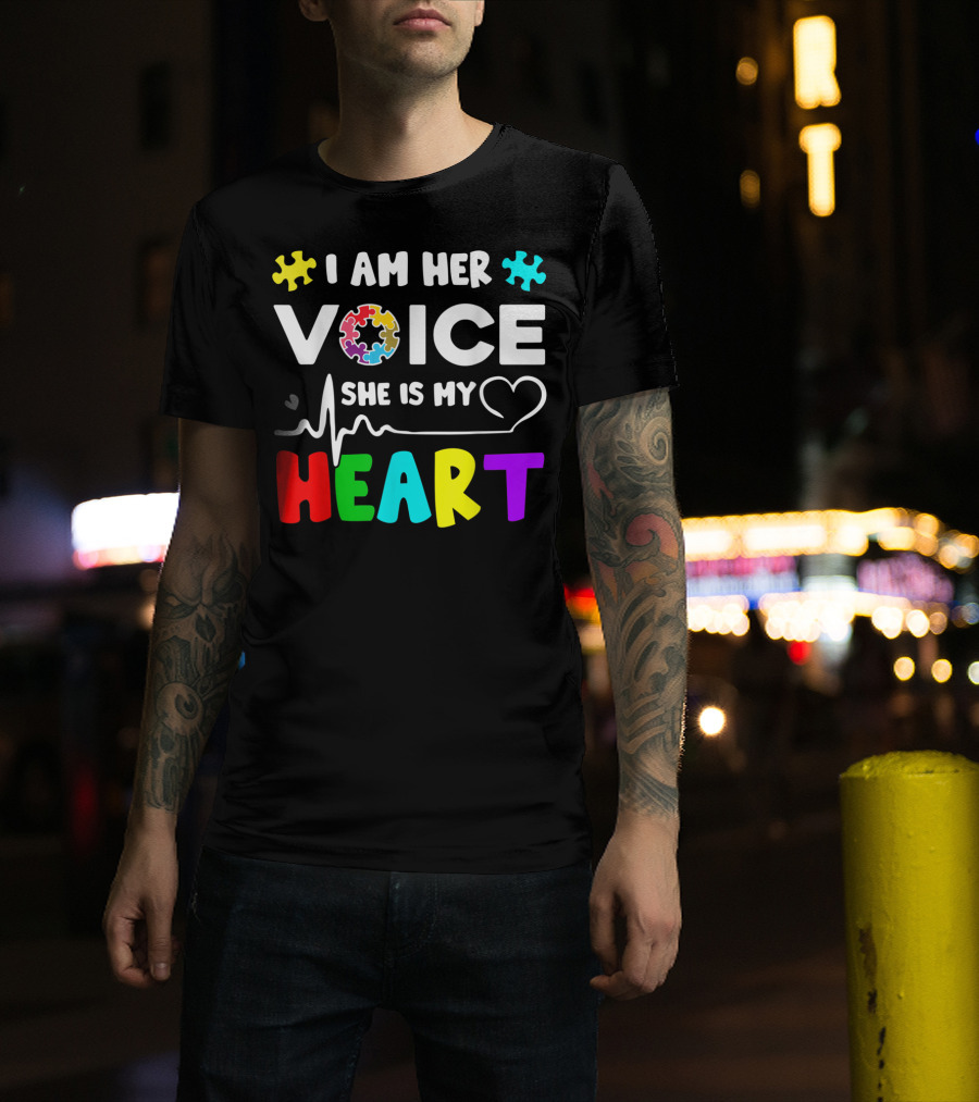 I Am Her Voice She Is My Heart Autism Awareness Puzzle Pieces T-Shirt