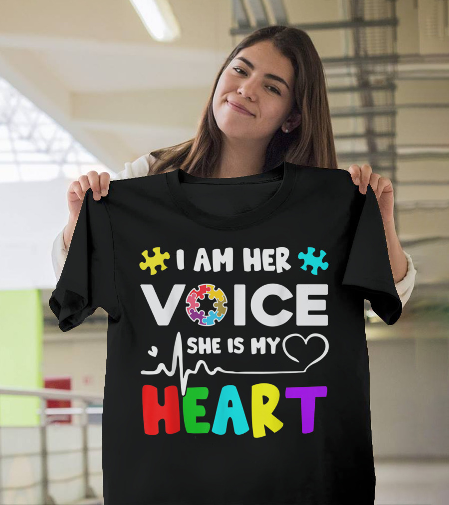 I Am Her Voice She Is My Heart Autism Awareness Puzzle Pieces T-Shirt