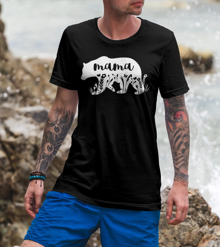 Mama Bear Floral With Flowers And Butterflies Motif T-Shirt
