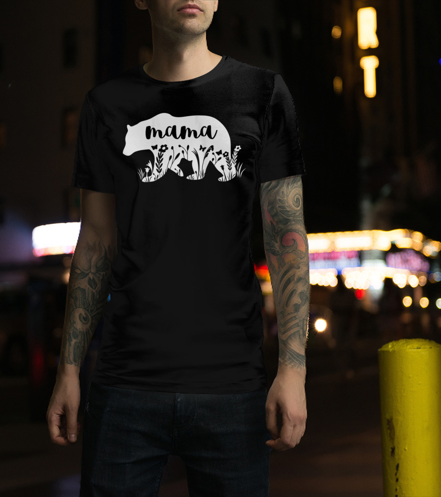 Mama Bear Floral With Flowers And Butterflies Motif T-Shirt