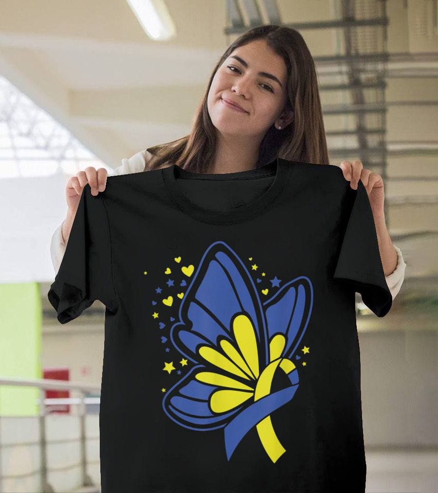 Butterfly T21 World Down Syndrome Awareness Day Ribbon Hearts And Stars T-Shirt