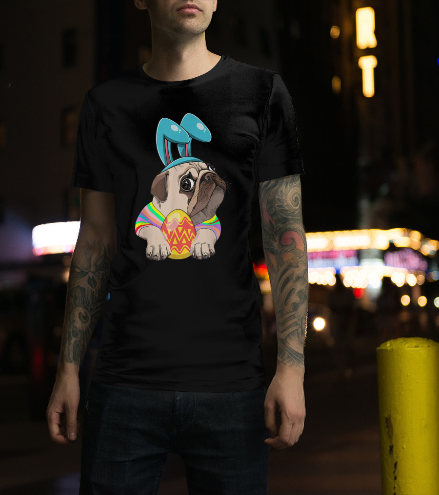 Cute Easter Pug With Bunny Ears Hugging Egg T-Shirt