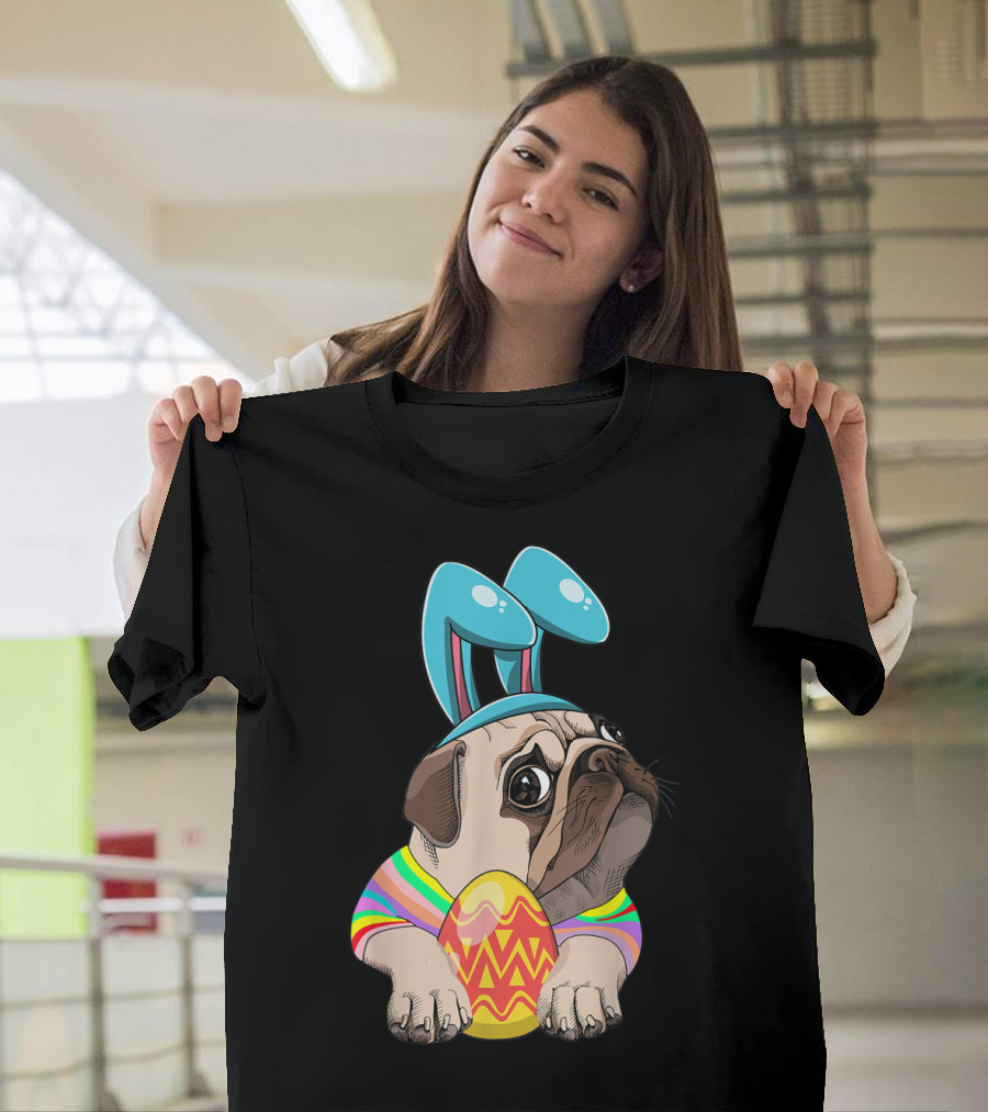 Cute Easter Pug With Bunny Ears Hugging Egg T-Shirt