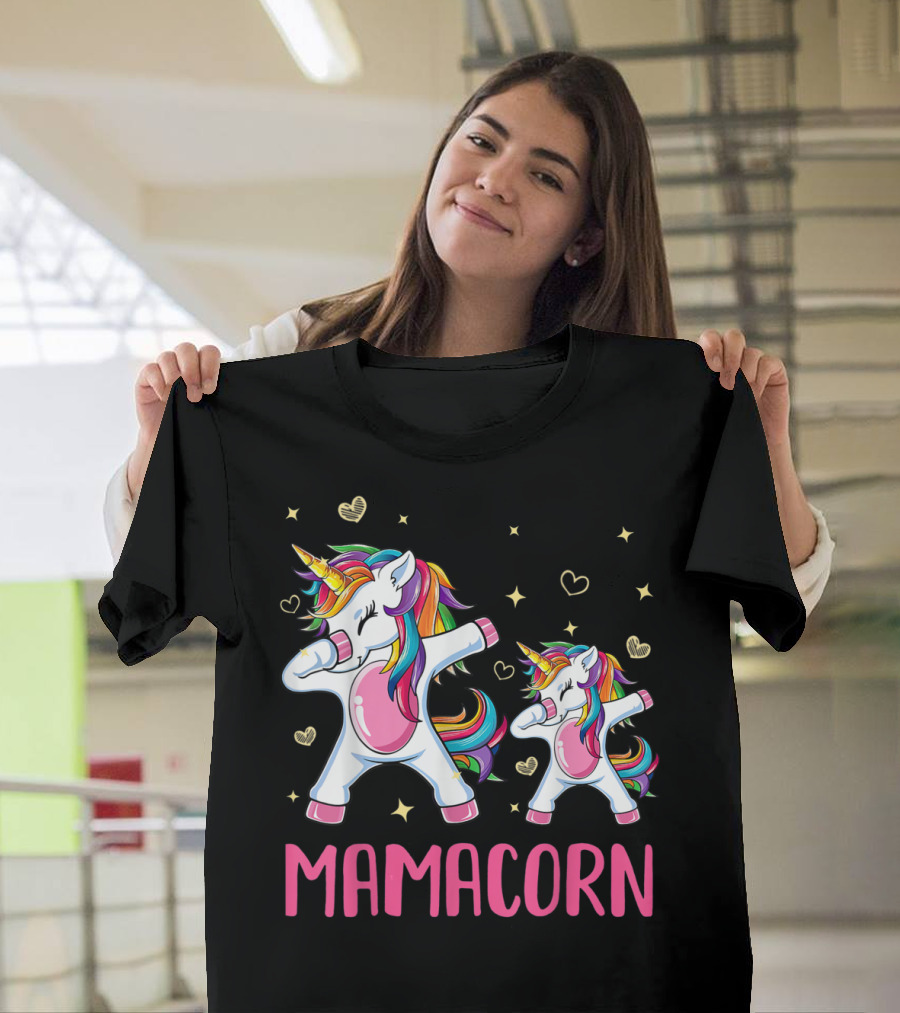 Colorful Dabbing Unicorns Mamacorn with Rainbow Hair and Hearts T-Shirt