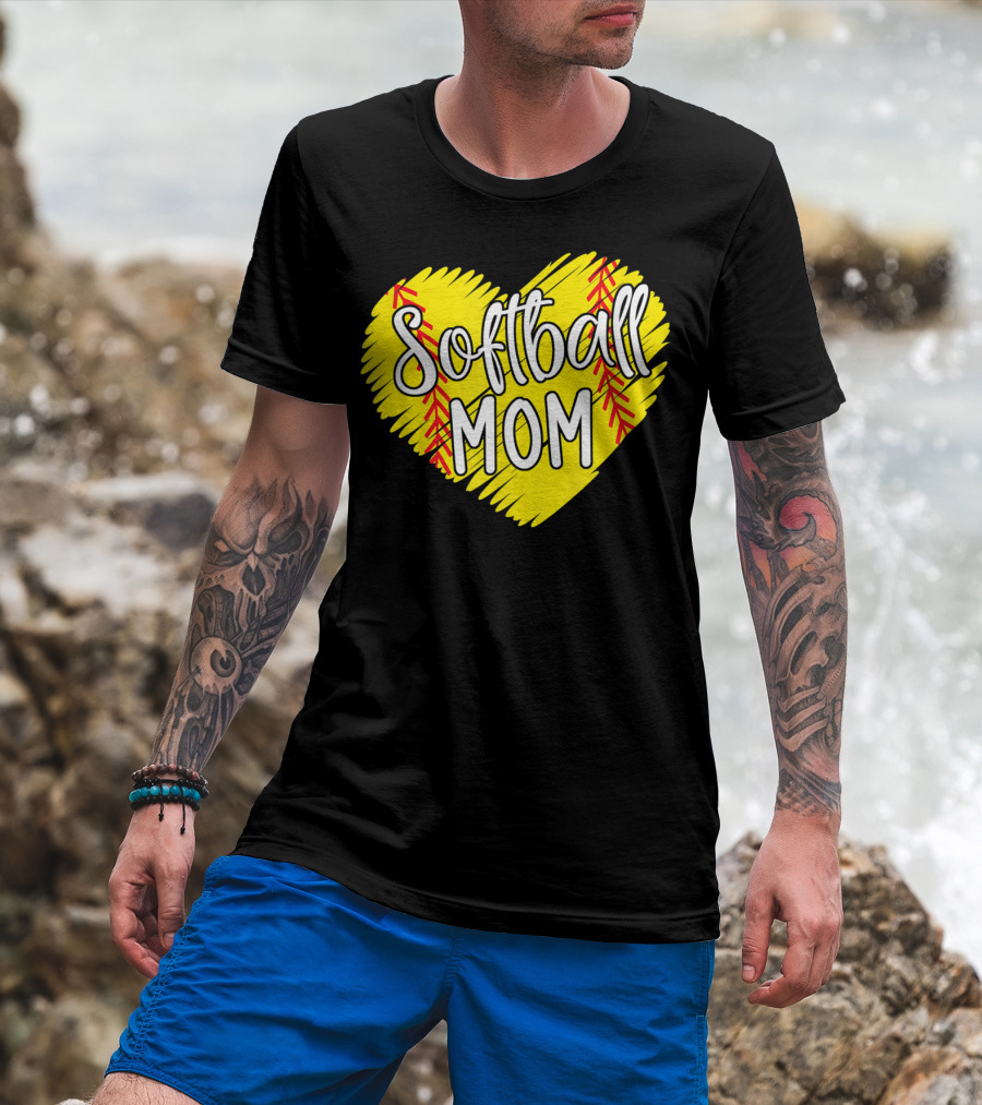 Softball Mom Heart Yellow Red Stitching Baller Mama T-Shirt