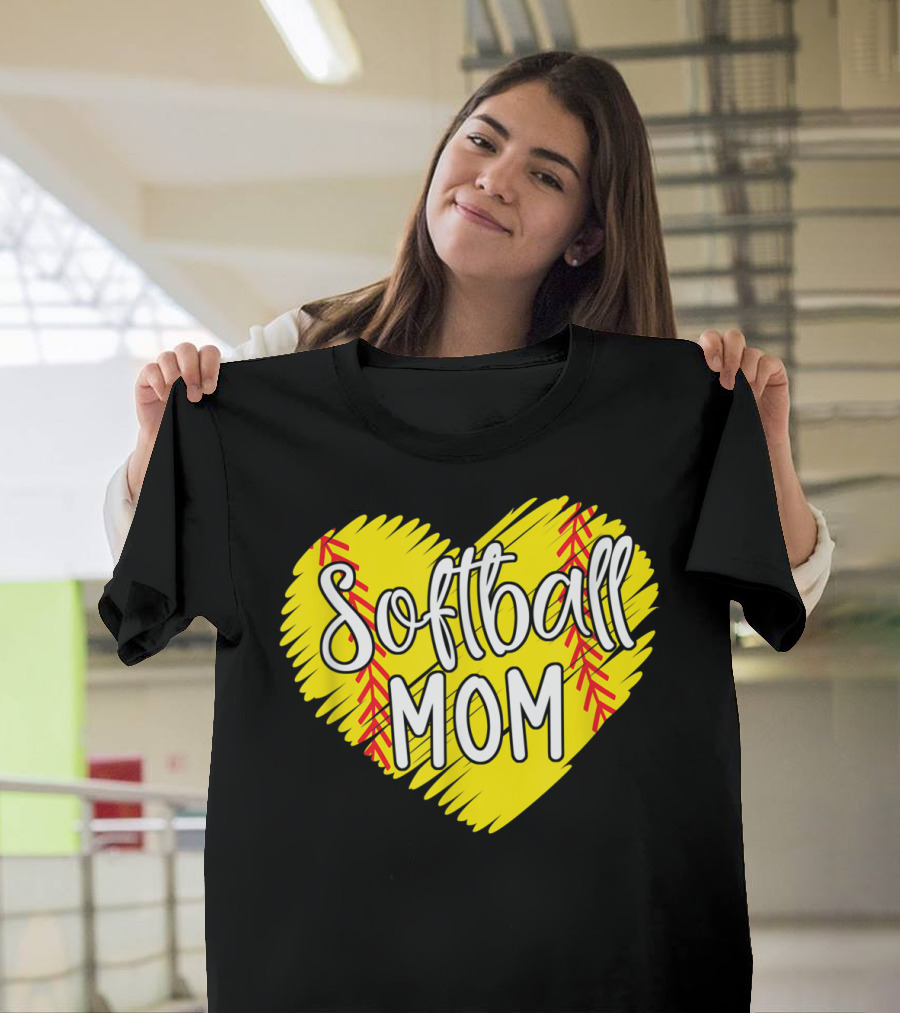 Softball Mom Heart Yellow Red Stitching Baller Mama T-Shirt