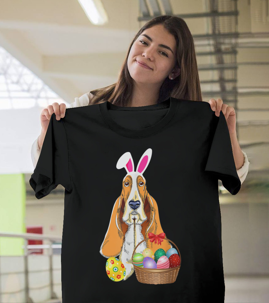 Basset Hound Bunny Rabbit Hat with Easter Eggs Basket T-Shirt